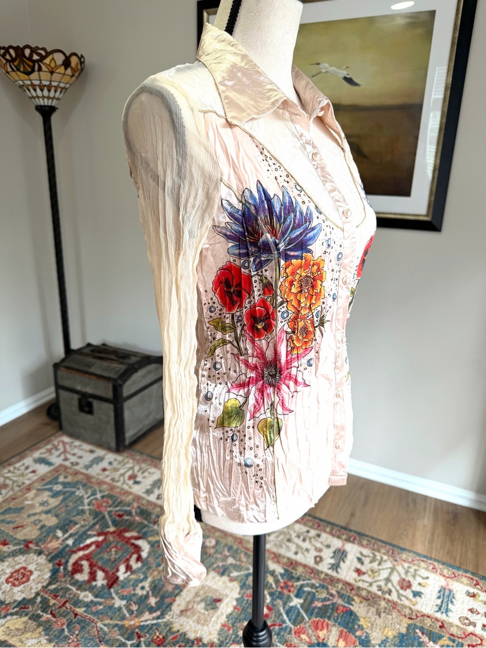 Alberto Makali Silk Blend Floral Lace Boho Button Blouse Top M - Picture 4 of 13
